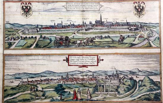 Braun and Hogenberg. Vienna Austriae Metropolis, a coloured engraved view of Vienna and Budapest, c.1635, 52 x 39.5cm